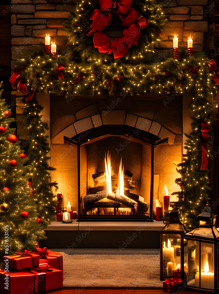 Cozy Christmas fireplace detailed cinematic HDR K.