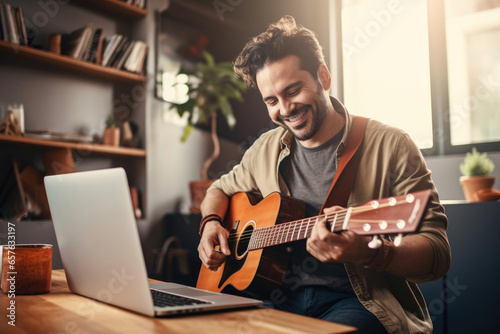 Young man playing on the guitar by the computer, online course, teatcher or student