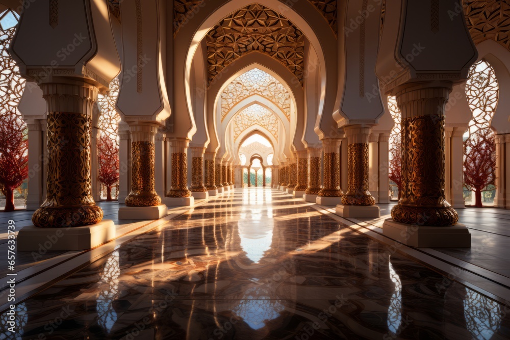 Ornate mosque interior with intricate geometric patterns and calligraphy, Generative AI