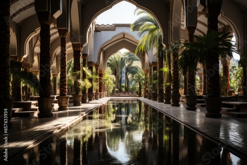 Peaceful mosque courtyard with a central fountain and lush greenery  Generative AI