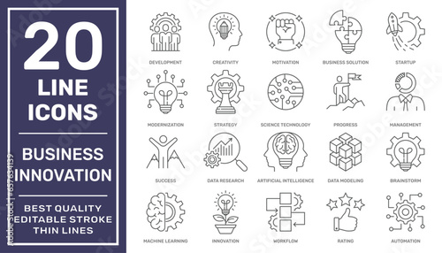 Creative business solutions related icon set. Business Innovations icons. Innovation team management. Editable stroke. EPS 10