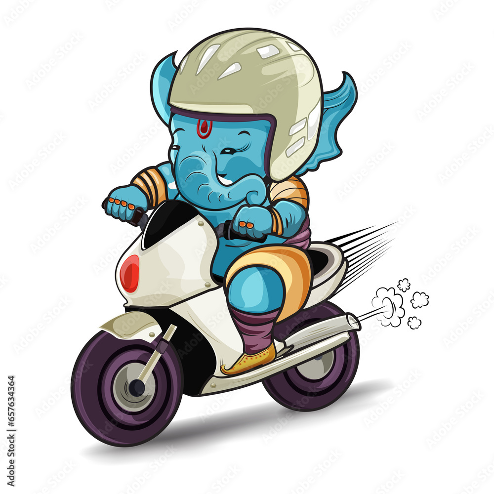 Cartoon character of indian lord ganesha riding superbike Cartoon character of indian lord ganesha riding superbike