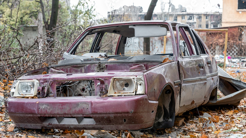 damaged and looted cars in a city in Ukraine during the war