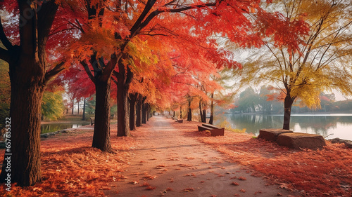 autumn park with beautiful red and yellow trees and leaves