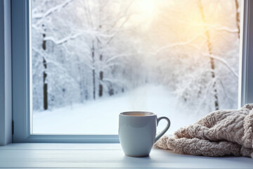 Cup of coffee on the windowsill in cozy room, winter scene outside the window