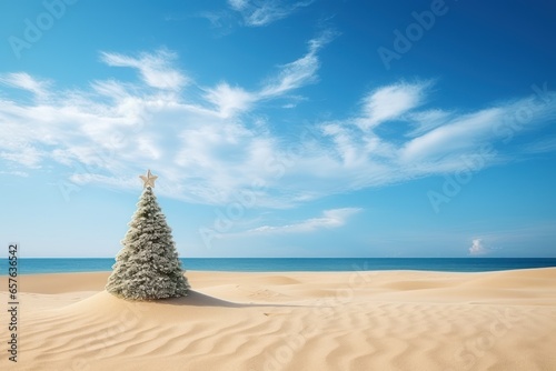 Christmas tree decorated on the sandy beach. Summer Xmas vacations on a tropical island