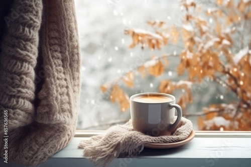 Cup of coffee on the windowsill in cozy room, winter scene outside the window