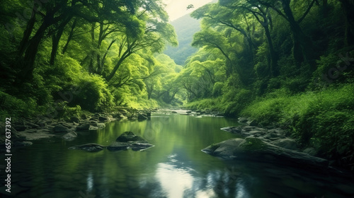 Flowing River Water Surrounded By Lush Green Rainy Forest Background