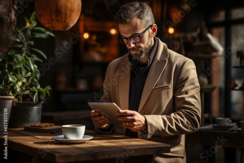 Person multitasking during a virtual call, with a notepad and coffee in hand, Generative AI 