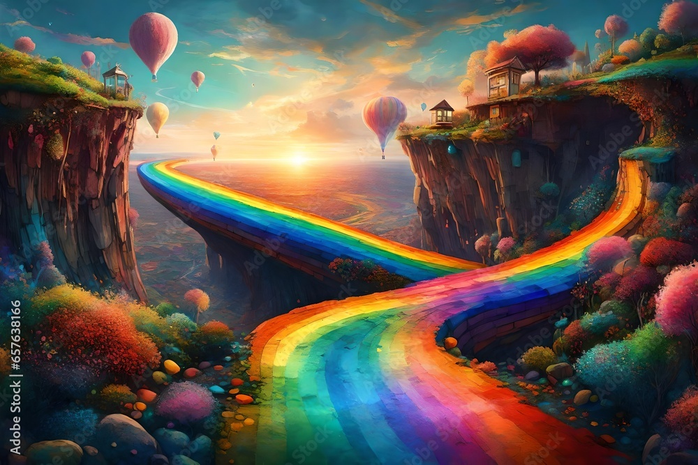 Create a surreal image of an elegant, rainbow road rising into the sky, disappearing into an untamed, floating island paradise - obrazy, fototapety, plakaty 