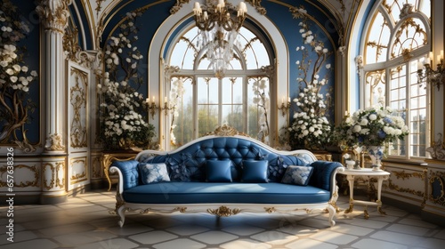 Color palette of royal blue, gold, and ivory in a living room, interior design, rococo baroque © ND STOCK