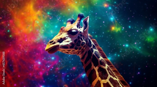 A giraffe standing in front of a colorful background