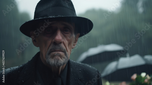 Grieving Farewell: A Portrait of a Mature Man in Mourning Black Attire Amidst a Funeral, Rain, and Cemetery, Capturing the Essence of Loss and Sorrow.