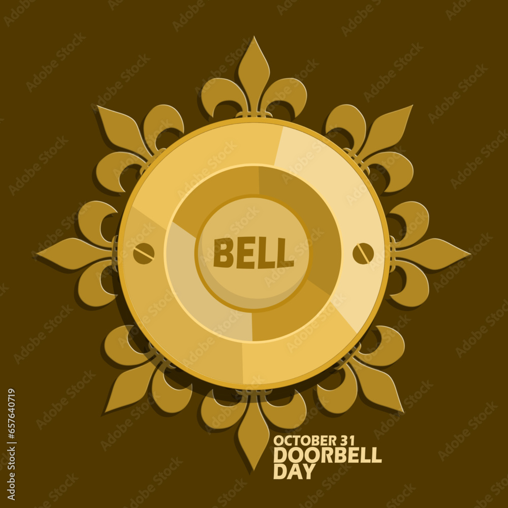 Classic doorbell button made of gold, with bold text on brown ...