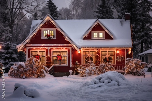 Immerse in the festive spirit with this cozy house, splendidly adorned with twinkling Christmas lights, casting a warm, inviting glow amidst the crisp, snowy landscape.  © Kristian