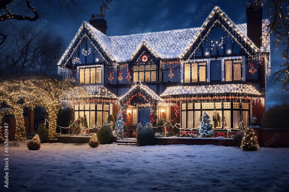 Obraz premium Immerse in the festive spirit with this cozy house, splendidly adorned with twinkling Christmas lights, casting a warm, inviting glow amidst the crisp, snowy landscape. 