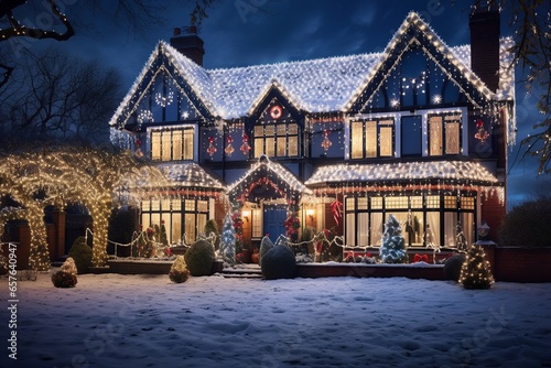 Immerse in the festive spirit with this cozy house, splendidly adorned with twinkling Christmas lights, casting a warm, inviting glow amidst the crisp, snowy landscape. 