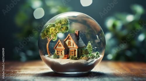 a glass ball with a small house inside
