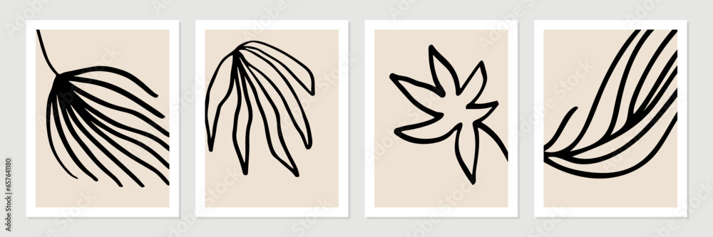 shapes, leaves, lines and textures in black on neutral nude and beige background. 
Pattern in minimalist style. Modern contemporary art in black. Vector illustration.