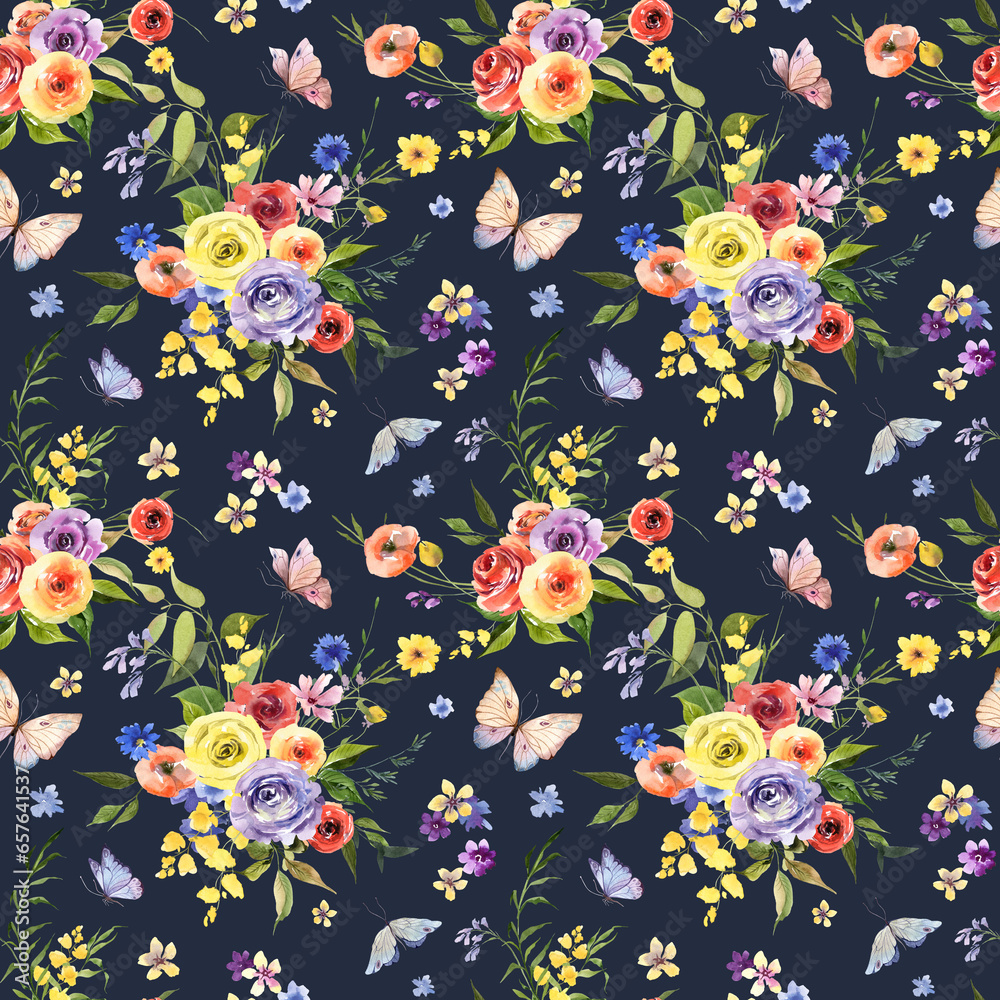 custom made wallpaper toronto digitalseamless floral pattern, watercolor spring wildflowers on dark background