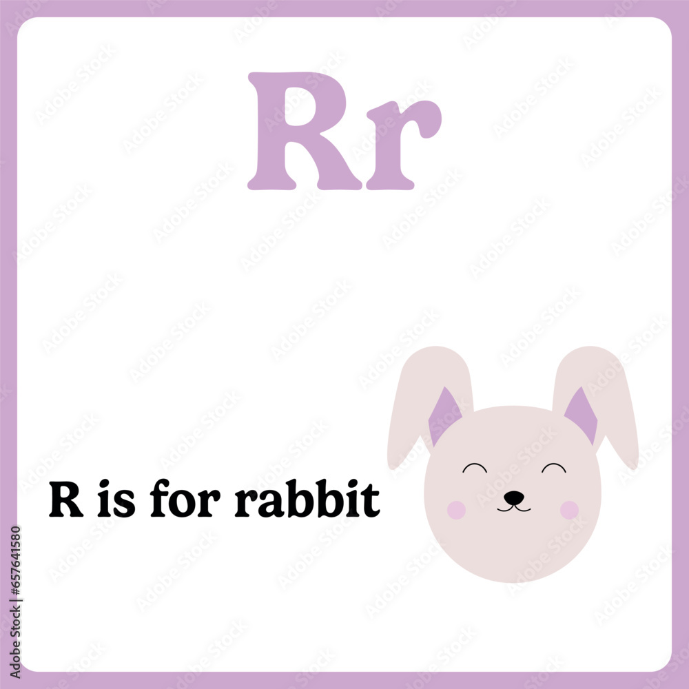 Alphabet flashcard for kids. Learning letters. Letter R is for rabbit. Alphabet flashcard for kids. Learning letters. Letter R is for rabbit.
