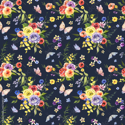 seamless floral pattern, watercolor spring wildflowers on dark background