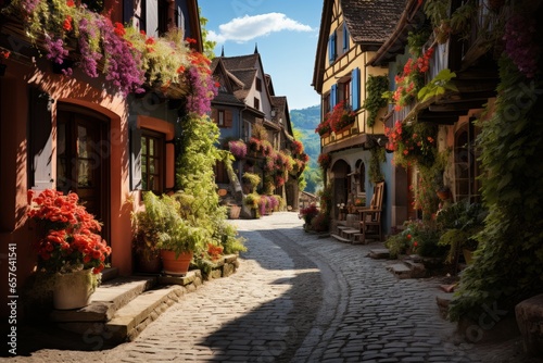  Charming Bavarian village with half-timbered houses and flower-filled window boxes, Generative AI