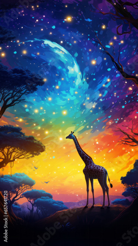 A painting of a giraffe standing in the middle of a forest © cac_tus