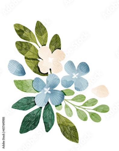 Floral composition with blue and pink flowers, green leaves and ferns. Floral illustration. Floral decoration for wedding, invitations, cards, wall art.