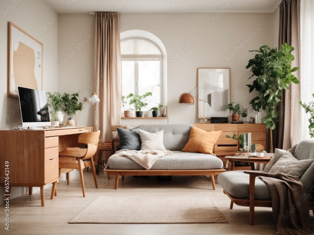 Fototapeta premium bedroom wooden furniture with computer desk, living room wooden furniture, Living room in modern style, Elegant interior of bedroom