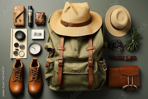 Wildlife safari kit with binoculars, safari hat, and wildlife identification guides, Generative AI