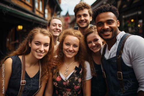  Joyful group of festival-goers wearing lederhosen and dirndls, Generative AI