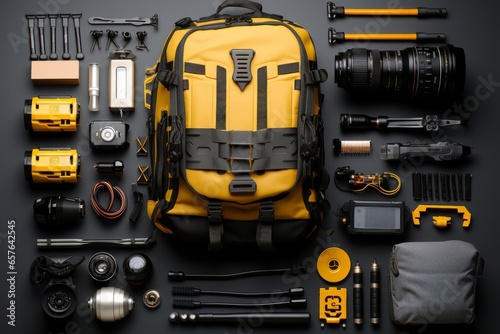 Travel photography kit with a camera, lenses, and tripod, Generative AI
