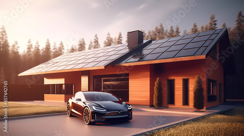 modern house with electric vehicle car and solar panel on the roof top ,sustainable energy concept.flat illustration. © Spaces