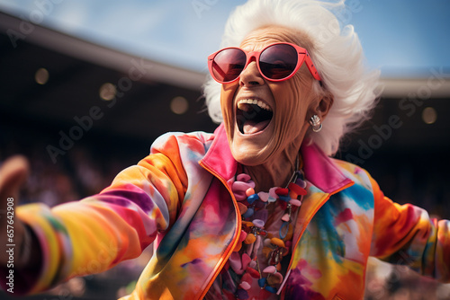 Stylish senior old woman with extravagant clothes and sunglasses. Carefree smiling positive pensioner wear trendy colourful outfit. Youthful senior people and lifestyle concept.