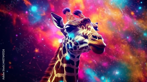A giraffe standing in front of a colorful background