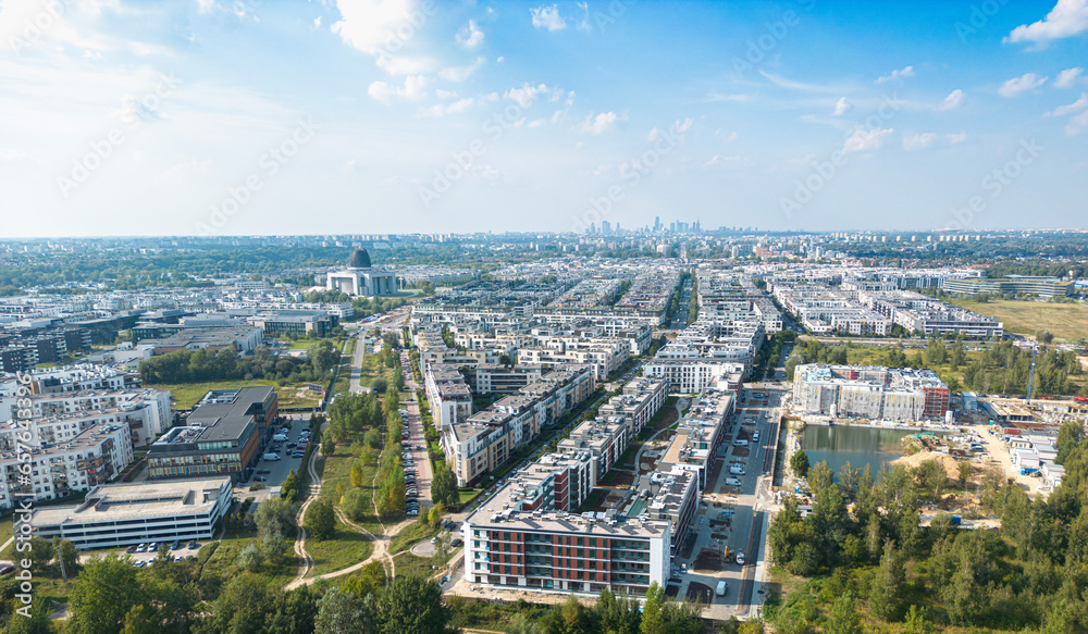 Obraz na płótnie Wilanow, Drone aerial photo of modern residential buildings in Wilanow area of Warsaw, Poland w salonie