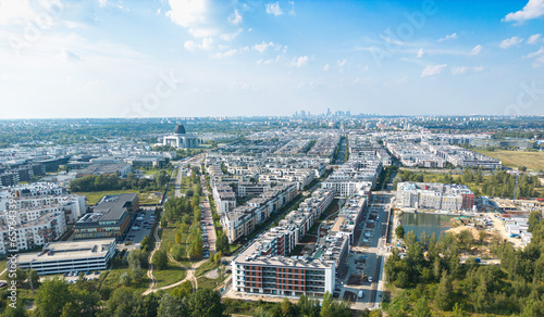 Wilanow, Drone aerial photo of modern residential buildings in Wilanow area of Warsaw, Poland photo