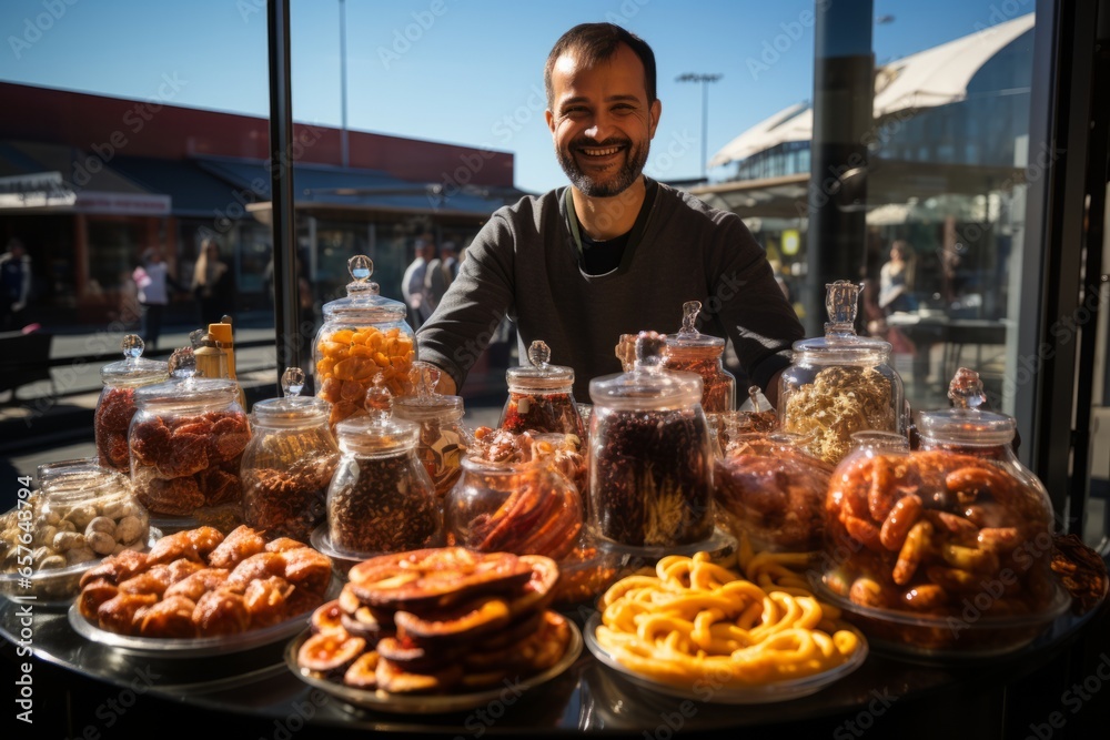 Vendor selling delicious pretzels, sausages, and other German snacks at the festival, Generative AI