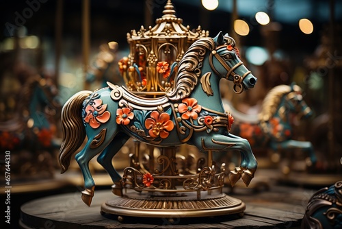 Whimsical carousel with horses and other themed figures, Generative AI 