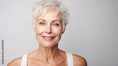 Close up portrait of beautiful older smiling woman in the studio on white background with copy space