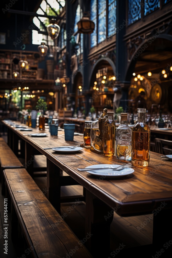 Beautifully decorated beer hall interior with long communal tables, Generative AI