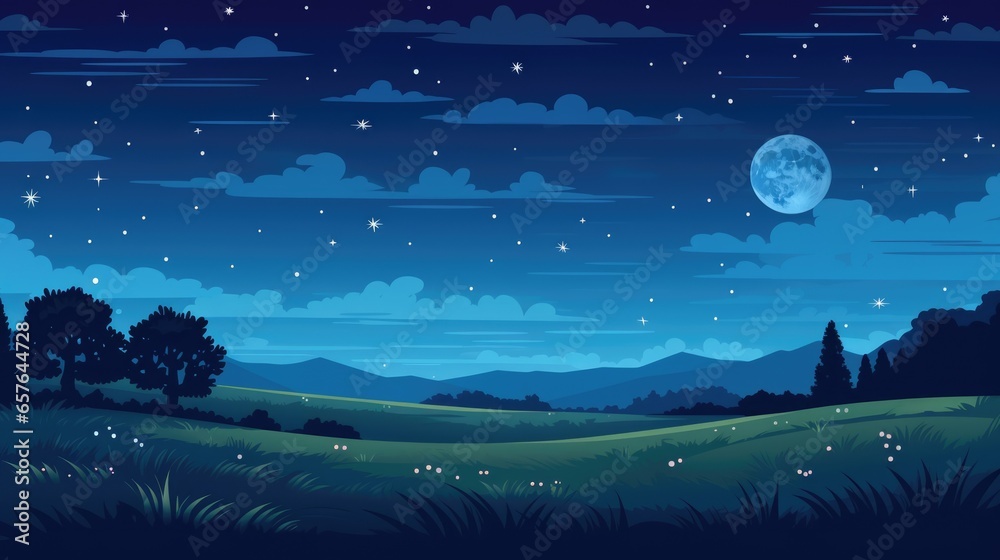 Cartoon background of a serene beautiful green field with a starry sky, moonlight over the meadows, digital illustration, concept art - obrazy, fototapety, plakaty 