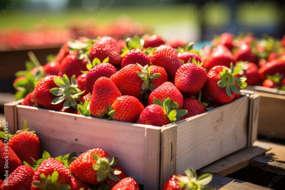 Strawberries in a wooden crate closeup view. Fresh ripe fruits harvest, healthy eating