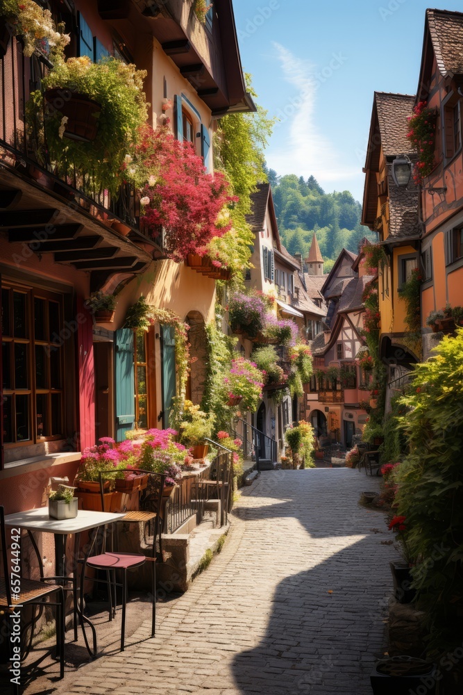 Fototapeta premium Charming Bavarian village with half-timbered houses and flower-filled window boxes, Generative AI