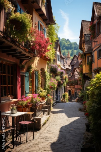Charming Bavarian village with half-timbered houses and flower-filled window boxes, Generative AI © Shooting Star Std