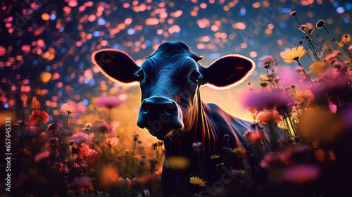 A cow standing in a field of flowers
