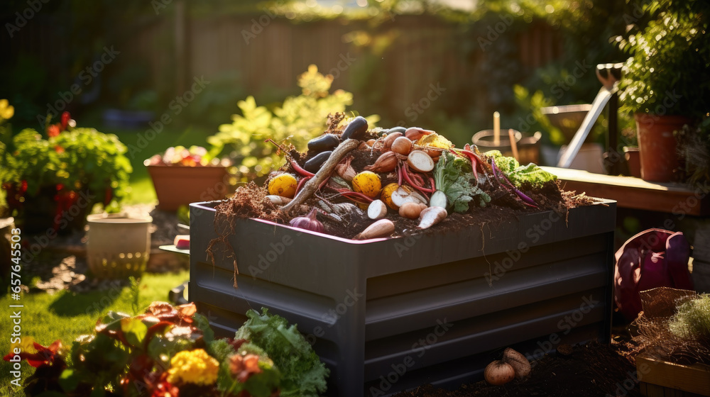 Composting food scraps in a backyard compost bin