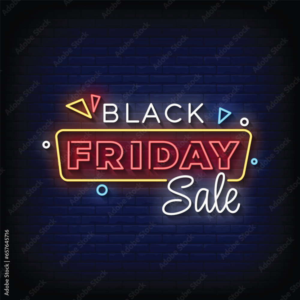 Neon Sign black friday sale with brick wall background vector