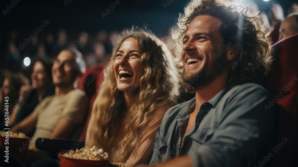 Cheerful happy couple with family watching movie in cinema with blurred audiences background, Generative AI Cheerful happy couple with family watching movie in cinema with blurred audiences background, Generative AI